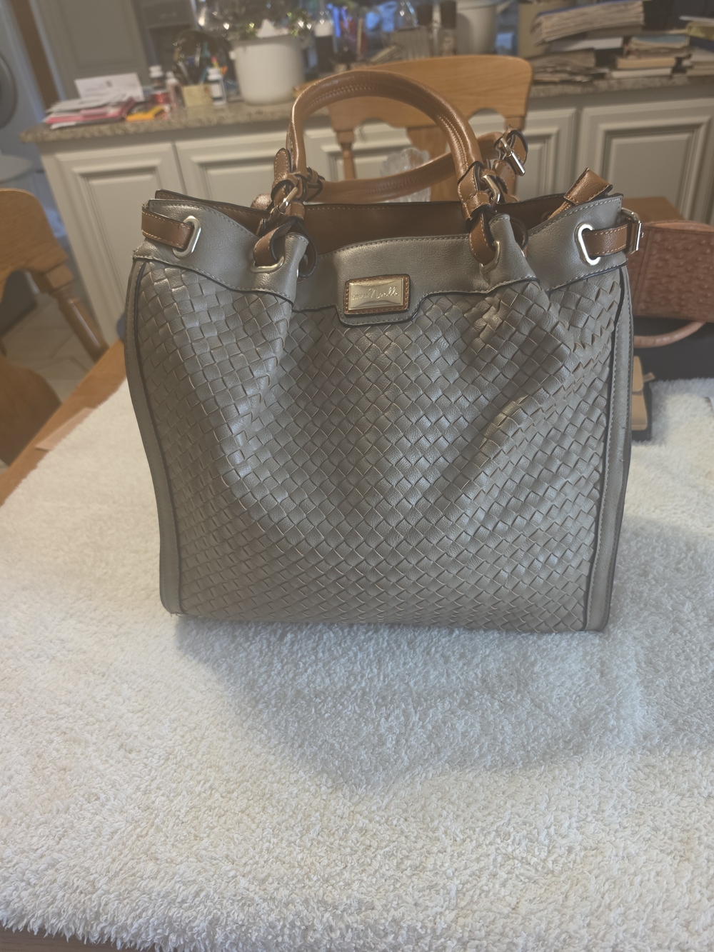 Simply Noelle Woven Tote in Gray with Brown Handles